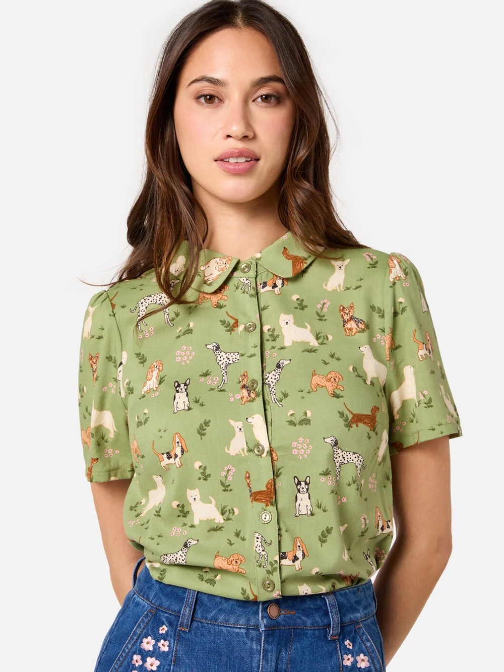 Princess Highway Sage Green Short Sleeve Dog Print Blouse